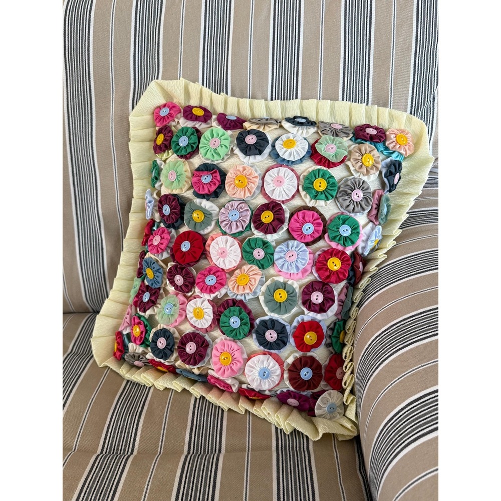 Vintage Hand Made Throw‎ Pillow. Double Yo-Yos with Button Centers.